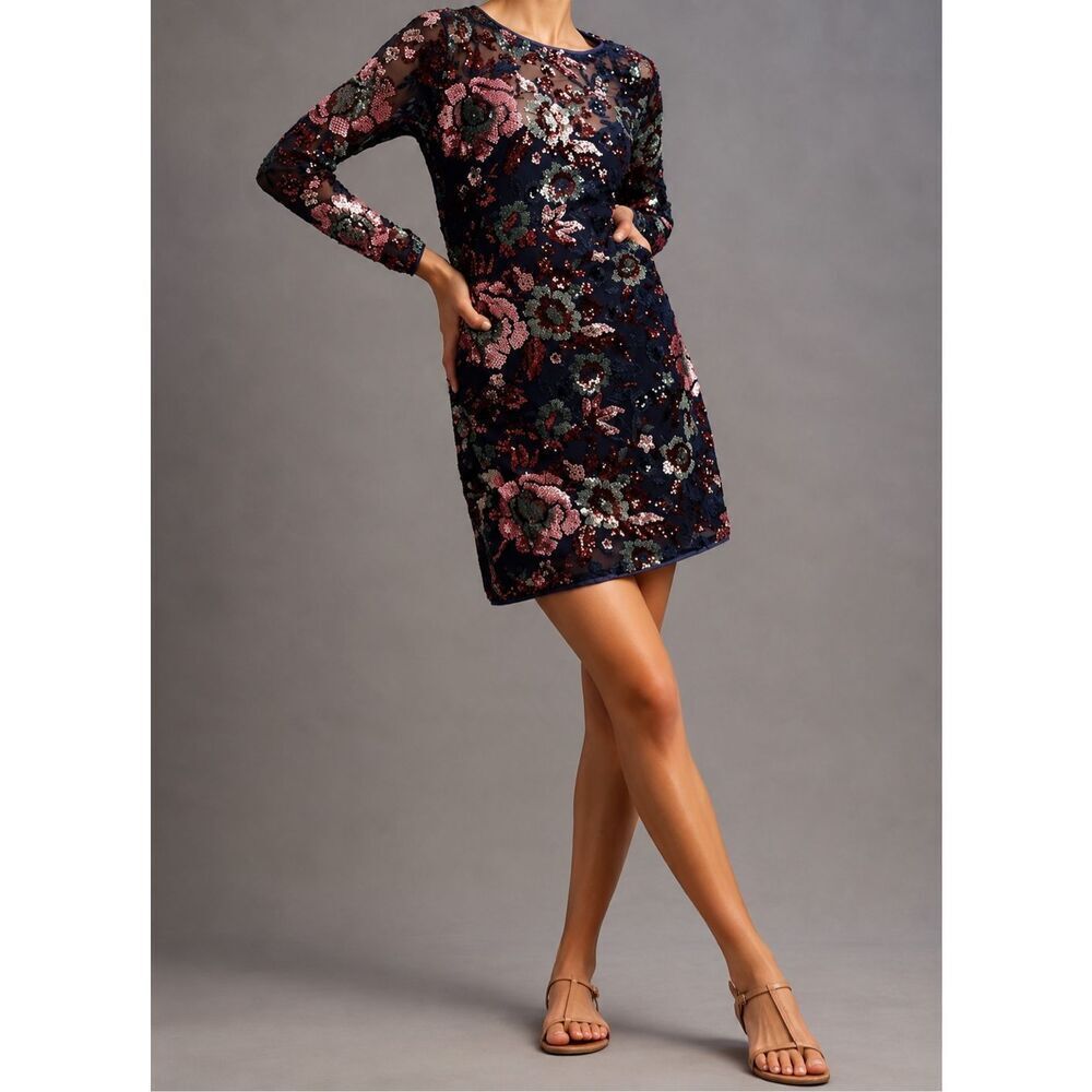 Anthropologie Sequin Floral Open Back Mini Dress NWT | Holiday Glam Party Cockta